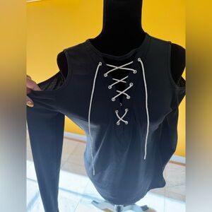 Rhinestone laceup open shoulder top